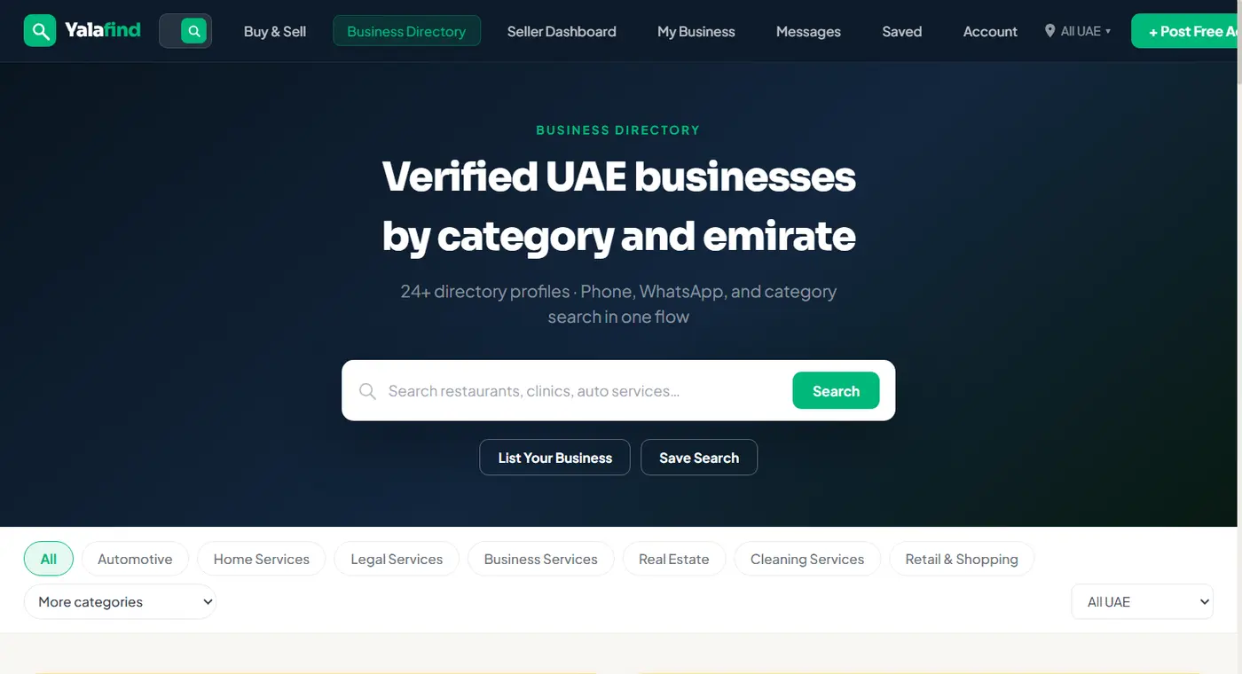 YalaFind verified business directory page with category filters
