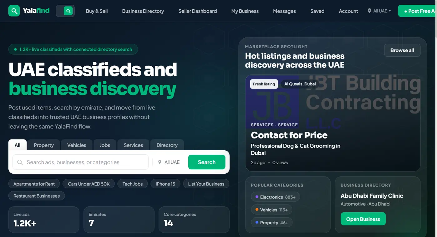 YalaFind homepage showing UAE classifieds and business directory search