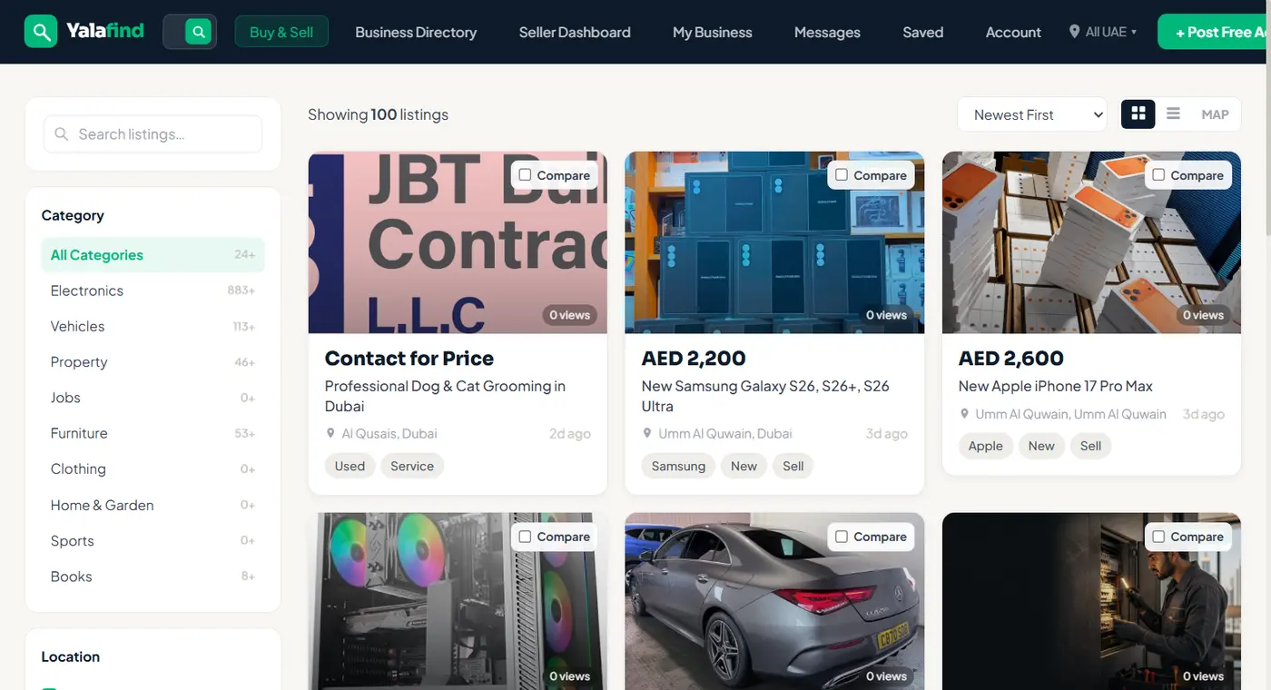 YalaFind listings browse page with category sidebar and live listings