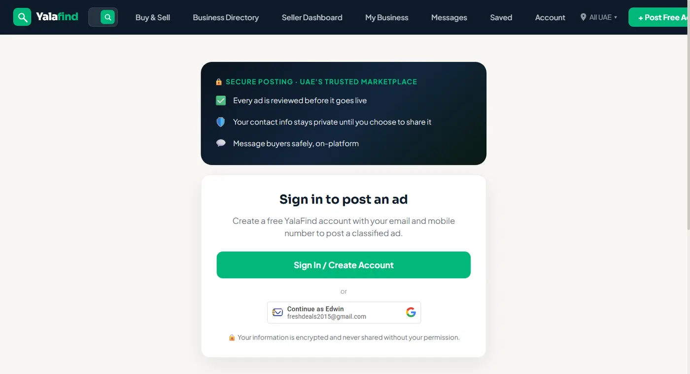 YalaFind sign in to post an ad screen with trust badges